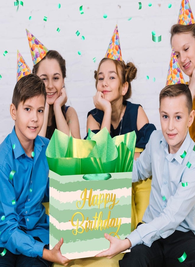 Woosytoo Sage Green Birthday Gift Bag Large Happy Birthday Gift Bag with Greeting Card and Tissue Paper Sage Green Striped Watercolor Wrapping Paper Bags for Girls Women Bday Baby Shower Party Decor - Image 2